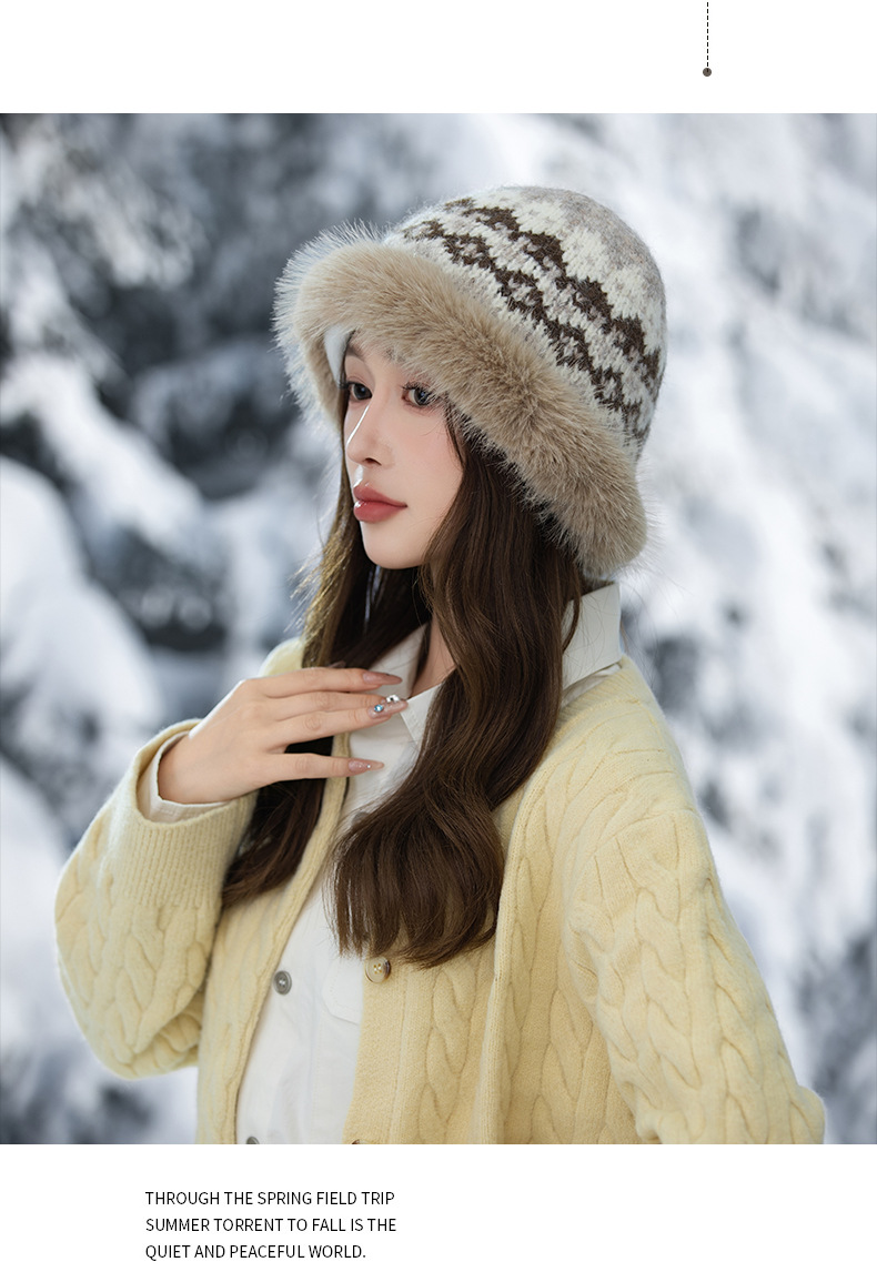 Cappello da pescatore invernale retrò in stile etnico jacquard lavorato a maglia, in pelliccia di coniglio, caldo, spesso e antifreddo_voghion.com