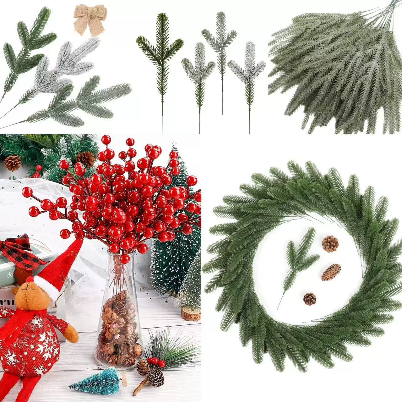 Искусственные зеленые растения, объемные рождественские сосновые иголки, декоративные элементы в виде плодов удачи, аксессуары для DIY-венков, искусственные цветы оптом