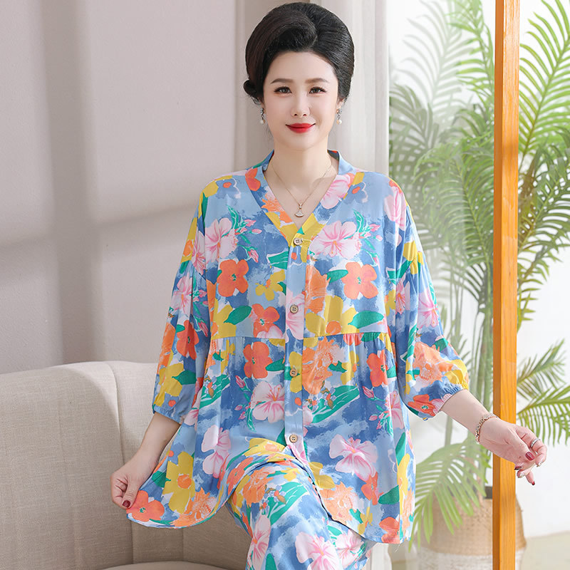 Women's Pajamas 2026 New Spring and Summer Ice Silk Middle-Aged and Elderly Cotton Cardigan Thin Style Mom's Home Wear