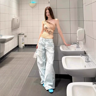 水洗磨破阔腿浅蓝牛仔裤女2025夏季新款小众直筒宽松休闲裤小个子