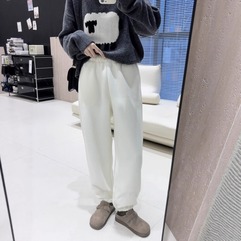 Autumn and Winter Custom High-Waisted Long Sweatpants, Solid Color New Style Elastic Waist Commuter Long Pants, Wool Pants for Women