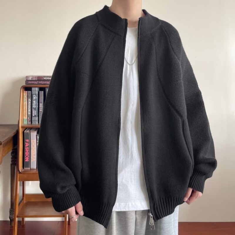秋冬季新款慵懒风简约百搭纯色拉链男士休闲宽松毛衣针织立领开衫|undefined