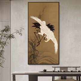 竖版中古仙鹤玄关茶室书房新中式高档装饰画复古宋代客厅走廊挂画