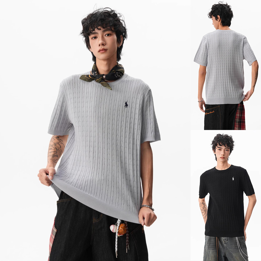 Camiseta de punto de manga corta camiseta masculina marcas de caballo bordadas viejas flores de negocios de hielo seda fábrica de verano transfronteriza al por mayor
