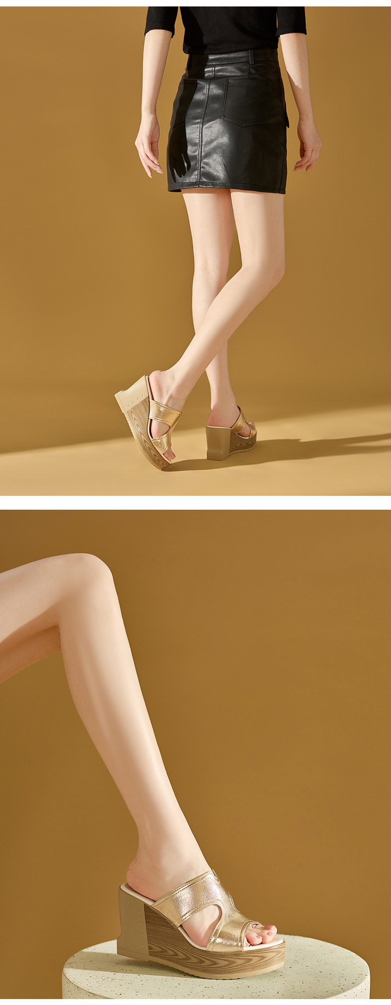 Dép sandal nữ quai chữ V đế xuồng cao gót 9 cm, mũi hở, phong cách tăng chiều cao — màu vàng, bạc chi tiết 6