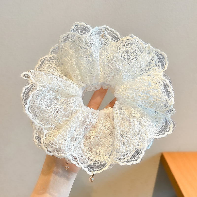 Accesorio para el cabello de estilo francés para mujer, pañuelo cuadrado simple, coletero de gran tamaño con ribete de encaje.