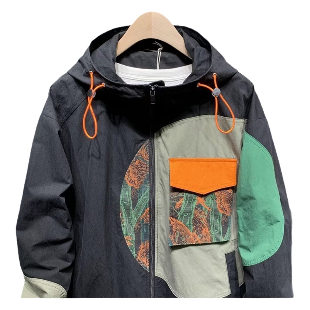 Primavera y otoño americano High Street marca de moda casual suelta chaqueta con capucha Ruan guapo superior ins moda costura chaqueta para hombres