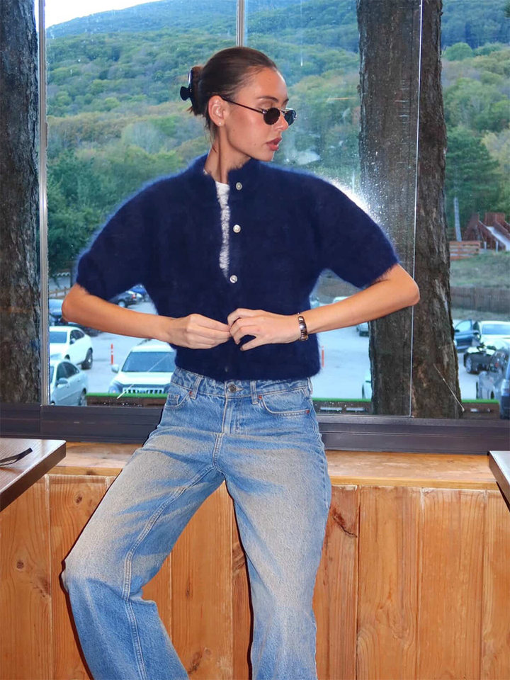 Áo cardigan dệt kim tay ngắn cổ bán cao ôm dáng phong cách retro — Màu hồng, Màu hồng cánh sen, Màu trắng, Màu tím chi tiết 22