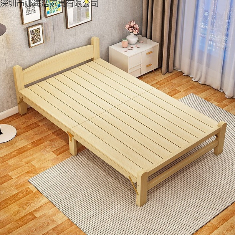 Folding Bed, Mobile Bed, Solid Wood 90cm Single Bed, Office Nap Bed, Hard Wooden Bed, Rental Bedroom Small Bed