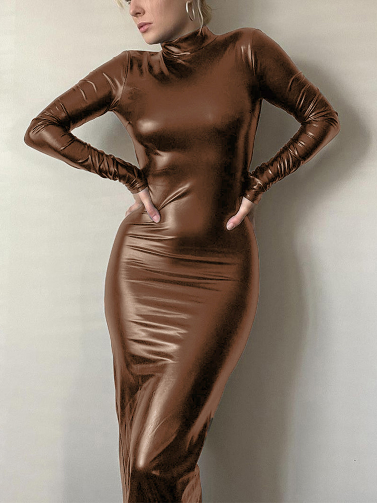 Sexy Spicy Girl New Large Open Back Pleated Long Sleeve Finger Cover Dress with Waist Tight Standing Neck and Hip Wrap_voghion.com