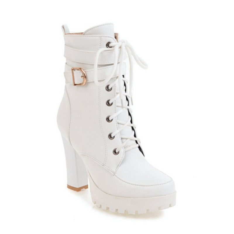 Foreign Trade Cross-Border Fashion Belt Buckle Lace-Up Martin Boots 2026 New Style Chunky High Heel Large Size 40-43 Low-Cut Boots