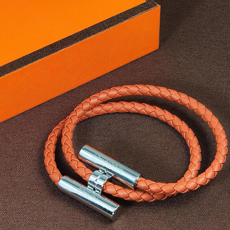 Cross-Border European and American Hot-Selling Stainless Steel Bracelet H-Shaped Leather Braided Bracelet with Various Colors, Geometric Style and Light Luxury Style