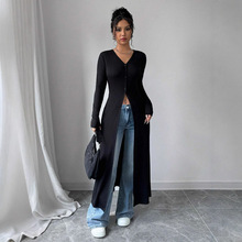 欧美跨境亚马逊2025秋季新款纯色长款纽扣开衫长袖修身显瘦上衣女