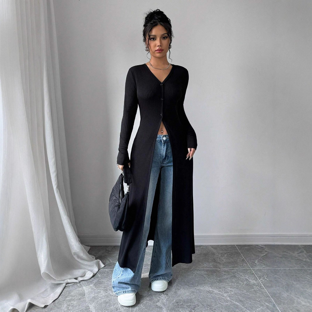 欧美跨境亚马逊2025秋季新款纯色长款纽扣开衫长袖修身显瘦上衣女