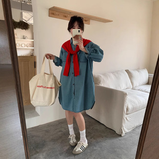 Spring New Fashion Maternity Washed Denim Shirt Korean Loose Casual Mid-length Maternity Dress Jacket