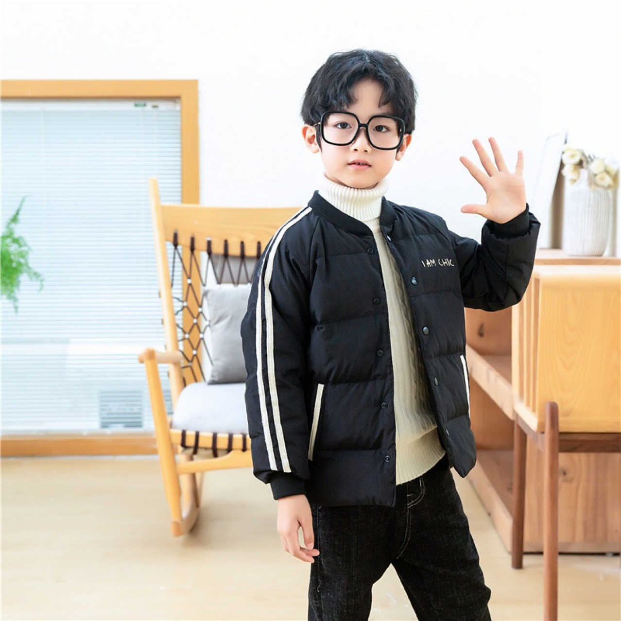 新款大童内胆羽绒服 男女童韩版圆领软纯色黑色冬季拉链衫|ms