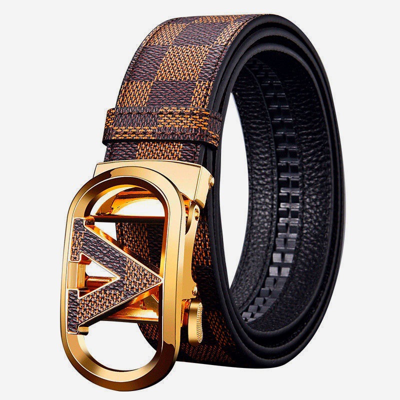 Cinturón de Cuero Genuino de Dos Capas para Hombre, Estampado de Cuadros, Hebilla Automática, Estilo Casual de Lujo