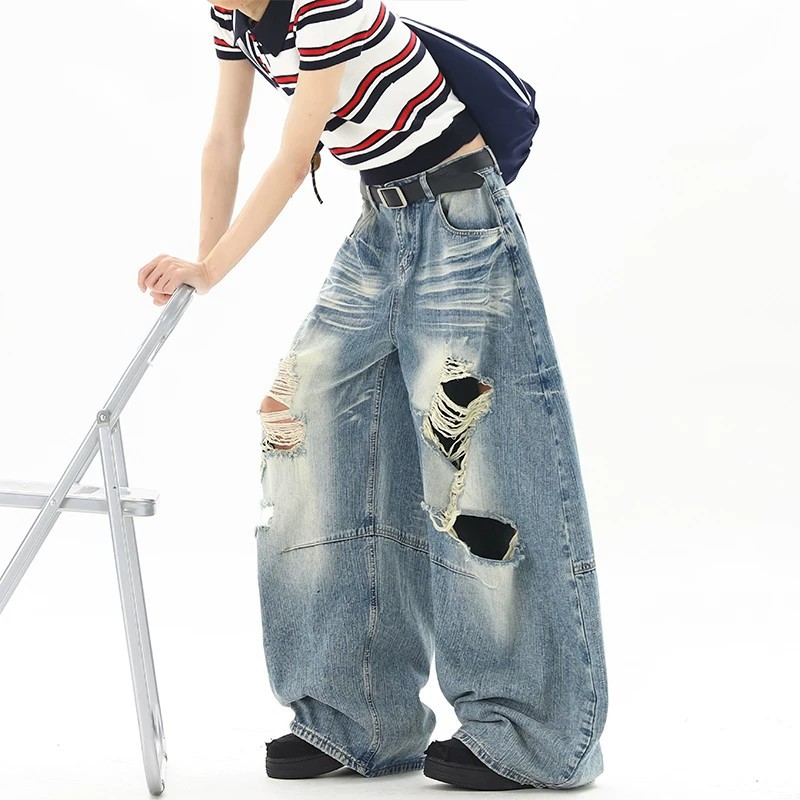 Men Women Washed Whiskering Ripped Jeans Street Style Summer New Retro Cool Scimitar Wide Leg Trousers_mkmklike.com