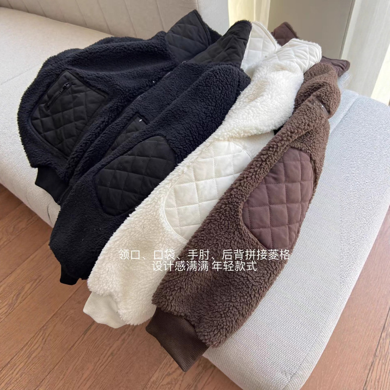 alo秋冬棕色羊羔毛连帽短外套加厚保暖运动休闲立领拉链夹克上衣|undefined
