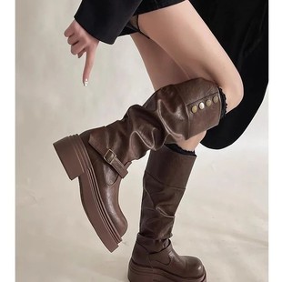 Hong Kong Maillard Long Barrel Heap Boots Women's 2024 Autumn and Winter New Thick-soled Increased Street All-match Fashion Knight Boots