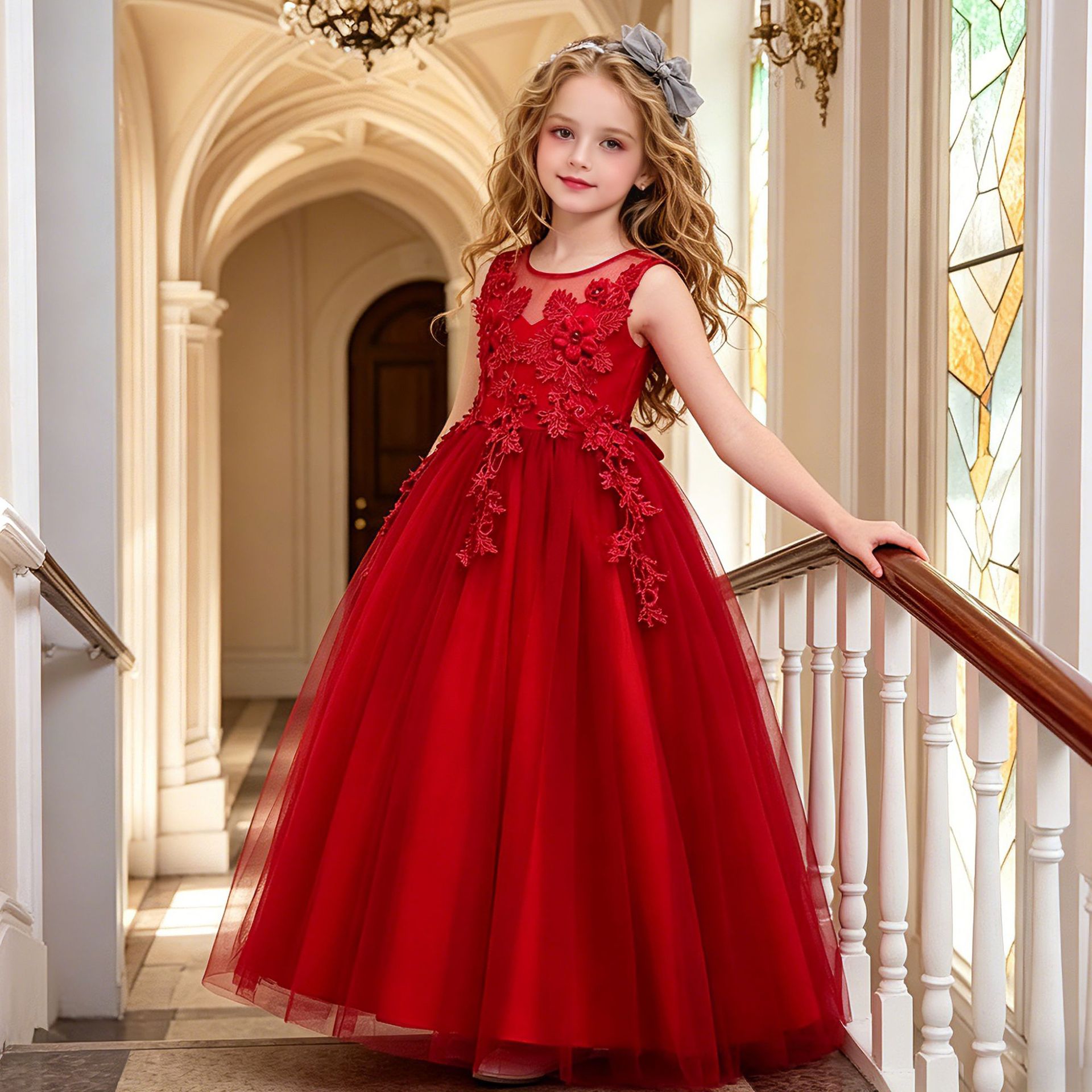 Suministro transfronterizo vestido de princesa para niñas vestido de pétalo para niños de 4 a 14 años vestido de malla de color sólido para niños