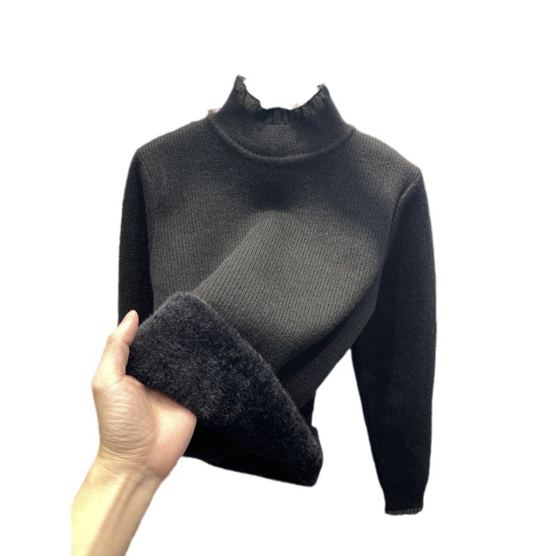 KANING medio cuello alto forrado de lana engrosada suéter mujeres Otoño e Invierno borde de encaje de una pieza de terciopelo de punto camisa de fondo