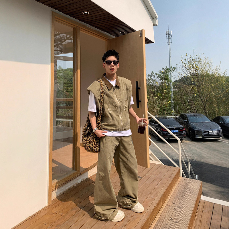 American Trendy Retro Denim Jacket Men's Summer New Silhouette Design Vest Loose Pants Set