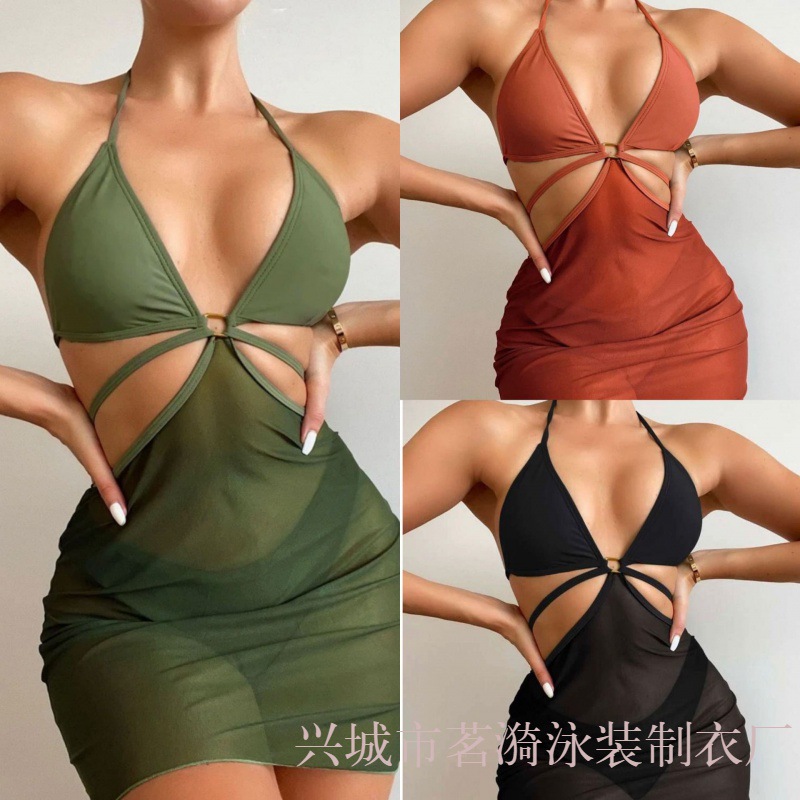 Mingyi nuevo sexy color sólido europeo y americano multicolor moda bikini malla vestido de tres piezas traje de baño de las mujeres