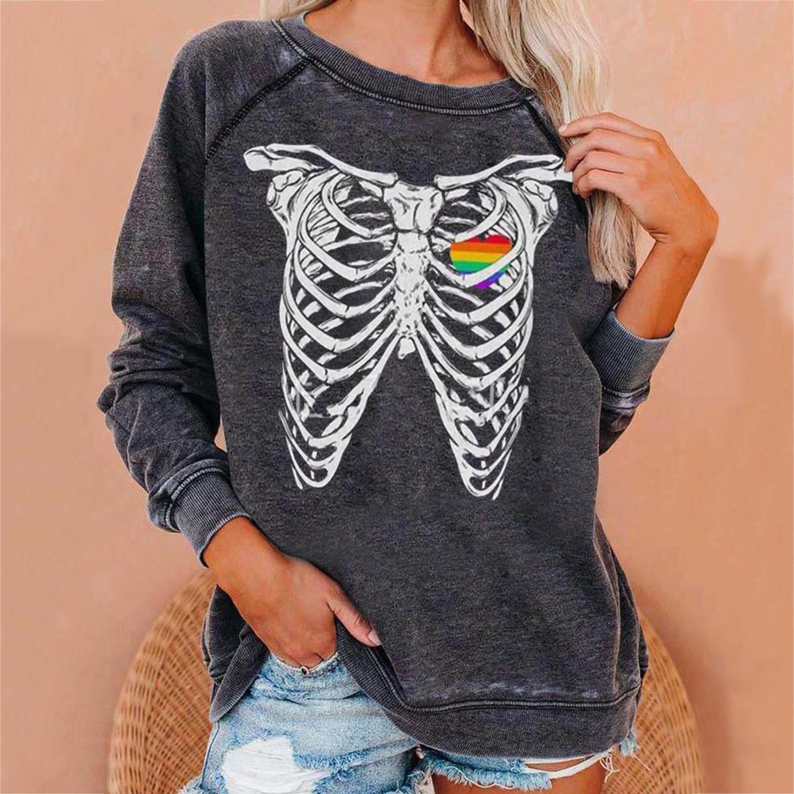 Round Neck Neckline Regular Fit Fit Type Halloween Festival Skull Pattern Hoodies & Sweatshirts Long Sleeve Printing Vintage Style Skull