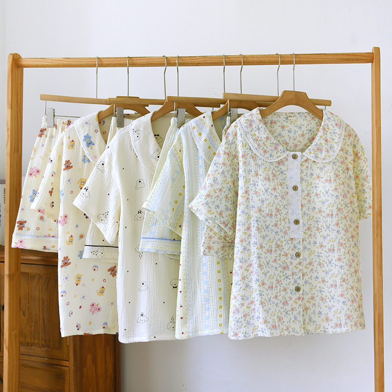 New Style Crepe Cotton Double-layer Yarn Summer Women's Chest Pad Short-sleeved Shorts suit Home Clothes Double Pocket Cute