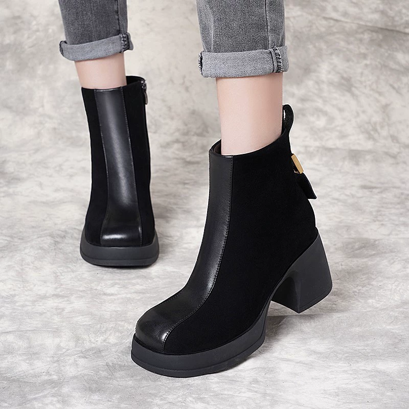 Взрывные толстые каблуки, сшитые модные сапоги Martin, женские туфли 2024 осень и зима новые модные сапоги плюс бархатный тренд, короткие сапоги