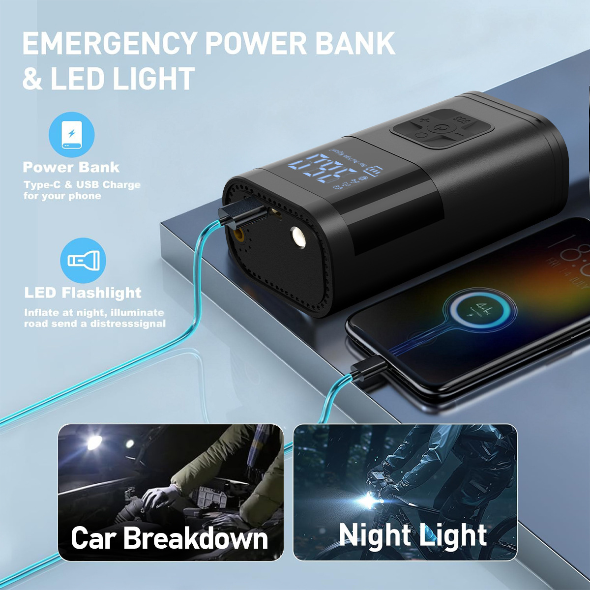 Digital display portable car tire inflator, vehicle-mounted emergency inflating and starting all-in-one machine, multifunctional inflator