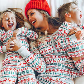 2024欧美跨境女装亚马逊新款圣诞节亲子套装印花家居服睡衣两件套