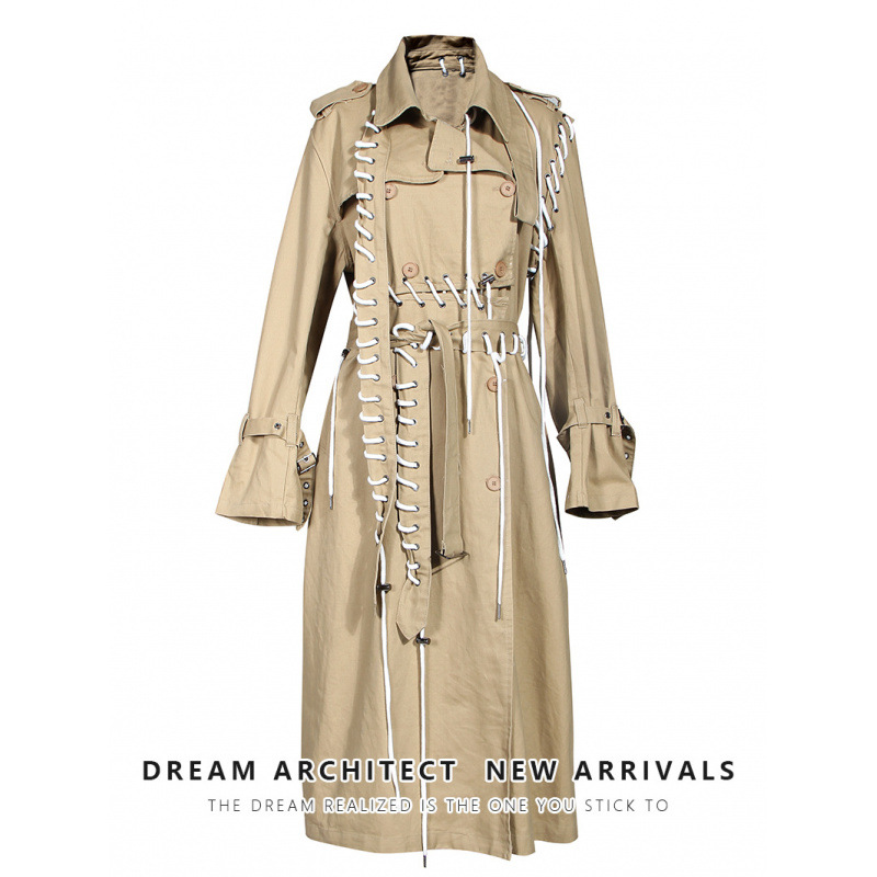 Niche Design Women's Color-Blocking Rope-Wrapped Trench Coat Dress 2024 Spring and Autumn Cardigan Style Long-Sleeve Extended Jacket Trendy Women