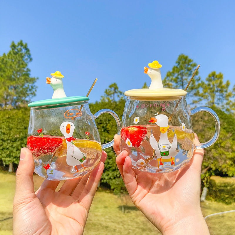 Pato de dibujos animados creativo taza de cristal transparente con tapa cuchara taza estudiante regalo personalizado taza de beber
