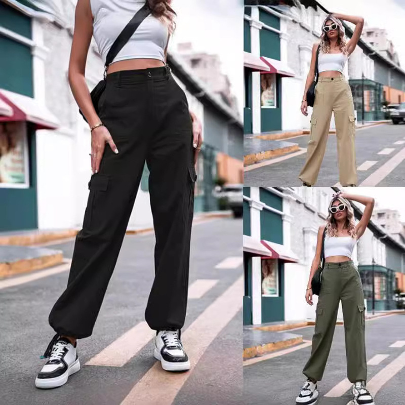 Summer New Casual Pants for Women, Buttoned High-Waisted Wide-Leg Cargo Pants 2026 Amazon European and American Cross-Border Women's Long Pants