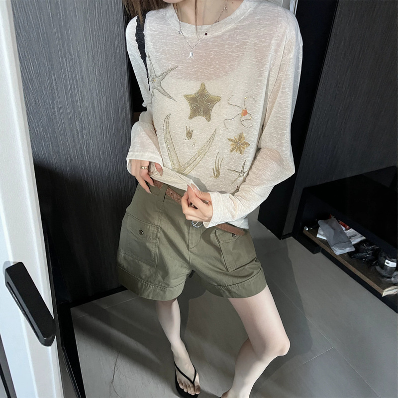 Summer New Arrival: Comfortable Thin Breathable Sun Protection Shirt with Starfish Pattern, Casual Loose Long-Sleeve T-Shirt, New Summer Style for Women