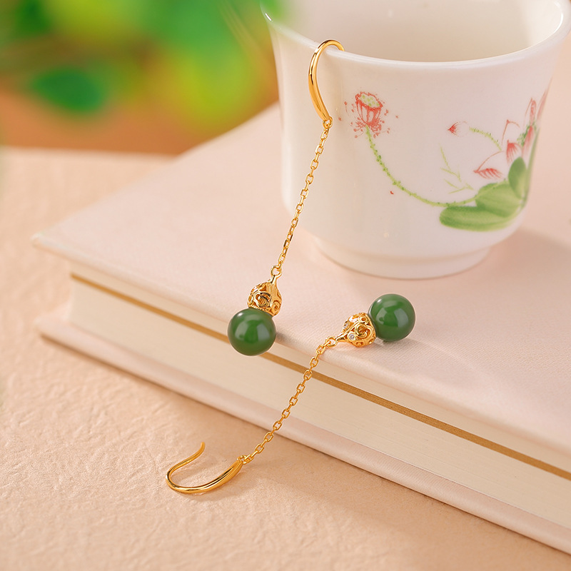 Bông tai móc bạc S925 mạ vàng đính ngọc bích và sáp ong hình hươu phong cách retro — Mẫu sáp ong