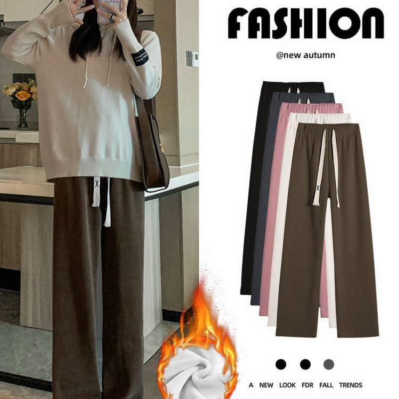 Black Wide-Leg Pants for Women, Autumn and Winter High-Waisted Drapey Corduroy Trousers, Loose Casual Fleece-Lined Thickened Straight-Leg Pants for Women