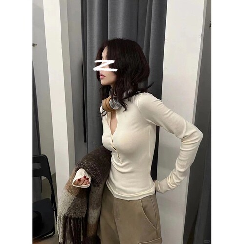 Moses Queen Semi-Open Collar Slim Fit T-shirt Women's Autumn/Winter Long Sleeve Top Reveals Bust Large Base Shirt