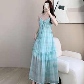 小丽天使爱美丽 风信紫薄荷绿V领挂脖吊带连衣长裙春装多巴胺度假