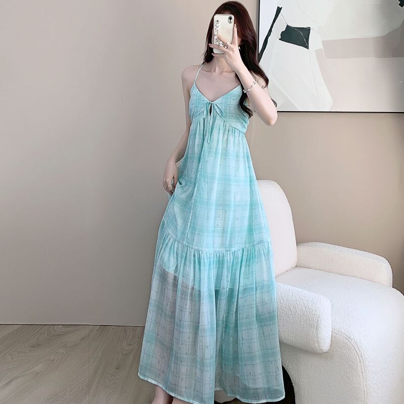 Xiaoli Angel Love Beauty Hyacinth Purple Mint Green V-Neck Halter Strap Dress Spring Dopamine Vacation