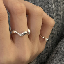 韩版小众设计个性时尚几何波浪开口戒指女简约食指指环珍珠尾戒潮