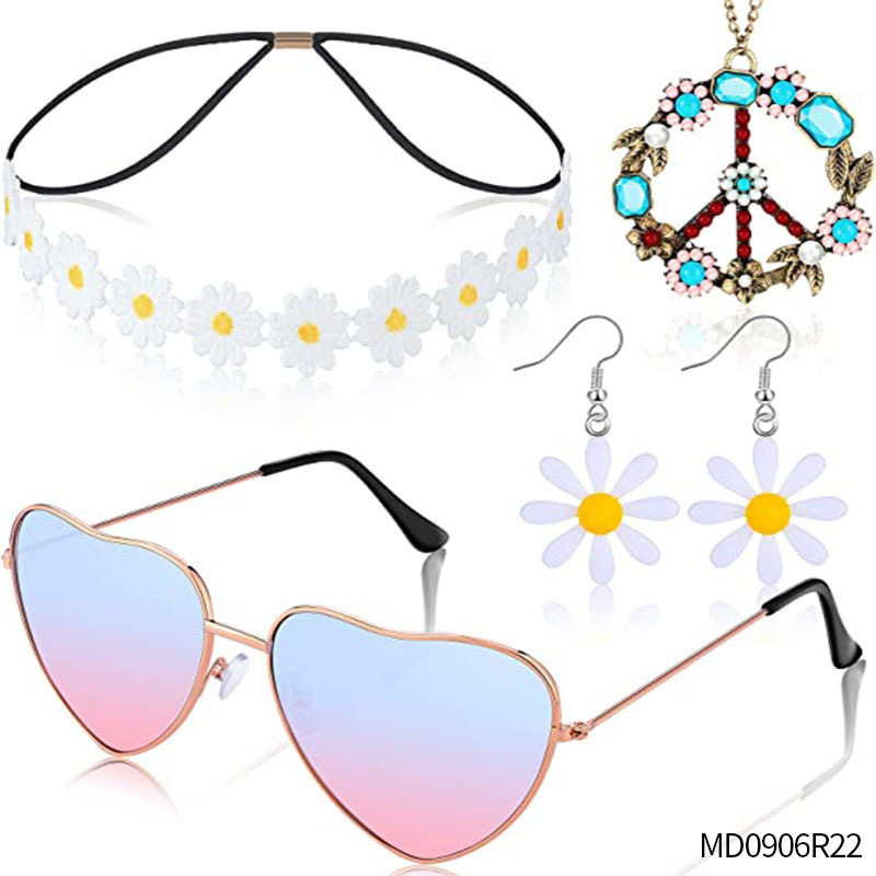 Accesorios de vestir hippies de la década de 1960, diadema de girasol, gafas redondas, conjunto de aretes de collar de talismán de paz