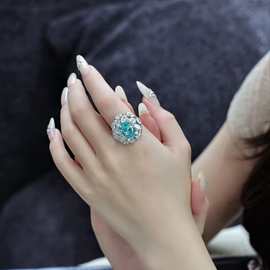 6克拉小众帕拉伊巴色彩色宝石戒指培育高碳钻S925银展会高级精致