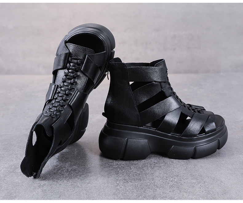 Boot nữ cổ thấp hở mũi đế dày da bò, phong cách La Mã — Màu nâu chi tiết 13