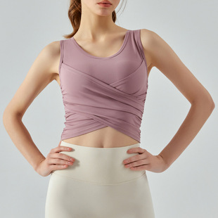 Cross-pleated Yoga Vest Top with Chest Pad Women's Semi-fixed Cup Fitness Sports Yoga Clothing Vest with Paramilia