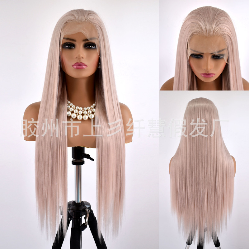 Hand Hook Wig Front Lace Gray Pink Ladies Long Straight Hair High Temperature Matte Silk Headgear Photo Photography cos Wig