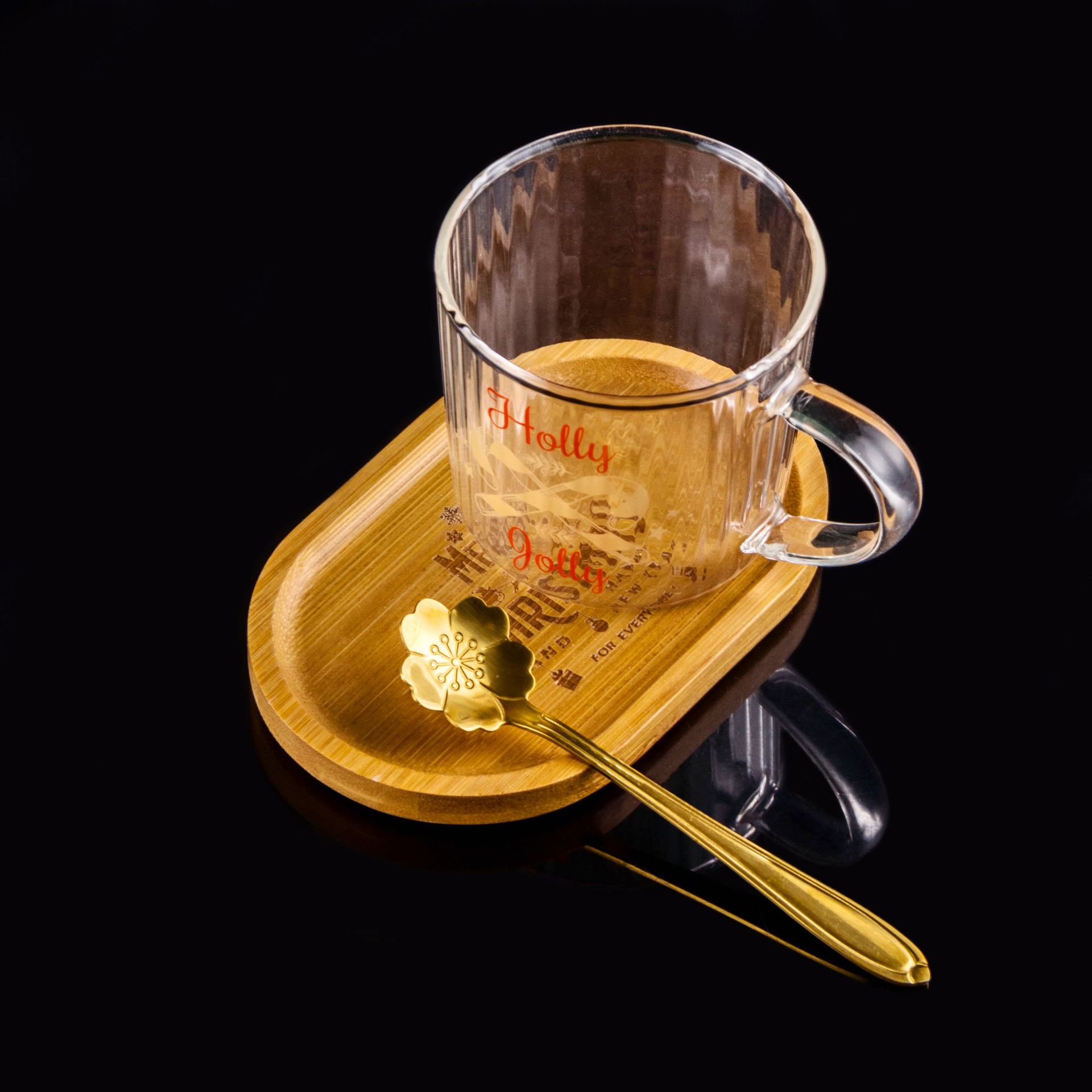 Tazas de vidrio personales creativas, plato de té de la tarde, taza de café inglesa de Navidad, taza de agua con cucharas de madera