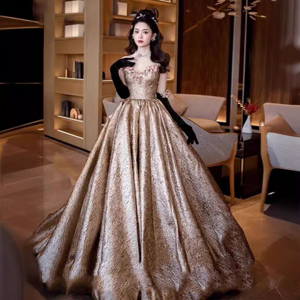 Golden Evening Dress High Sense Host Art Examination Graduation Student Adult Ceremony Princess Dress Engaged Bride Toast Dress Summer